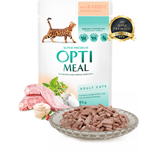 OPTIMEAL rabbit in white sauce 85g pack of 12pcs for adult cat