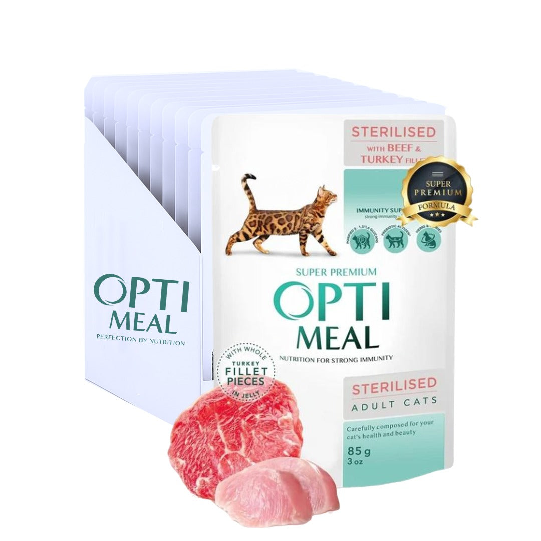 OPTIMEAL for sterilised cat with beef and turkey fillet in jelly 85g pack of 12pcs