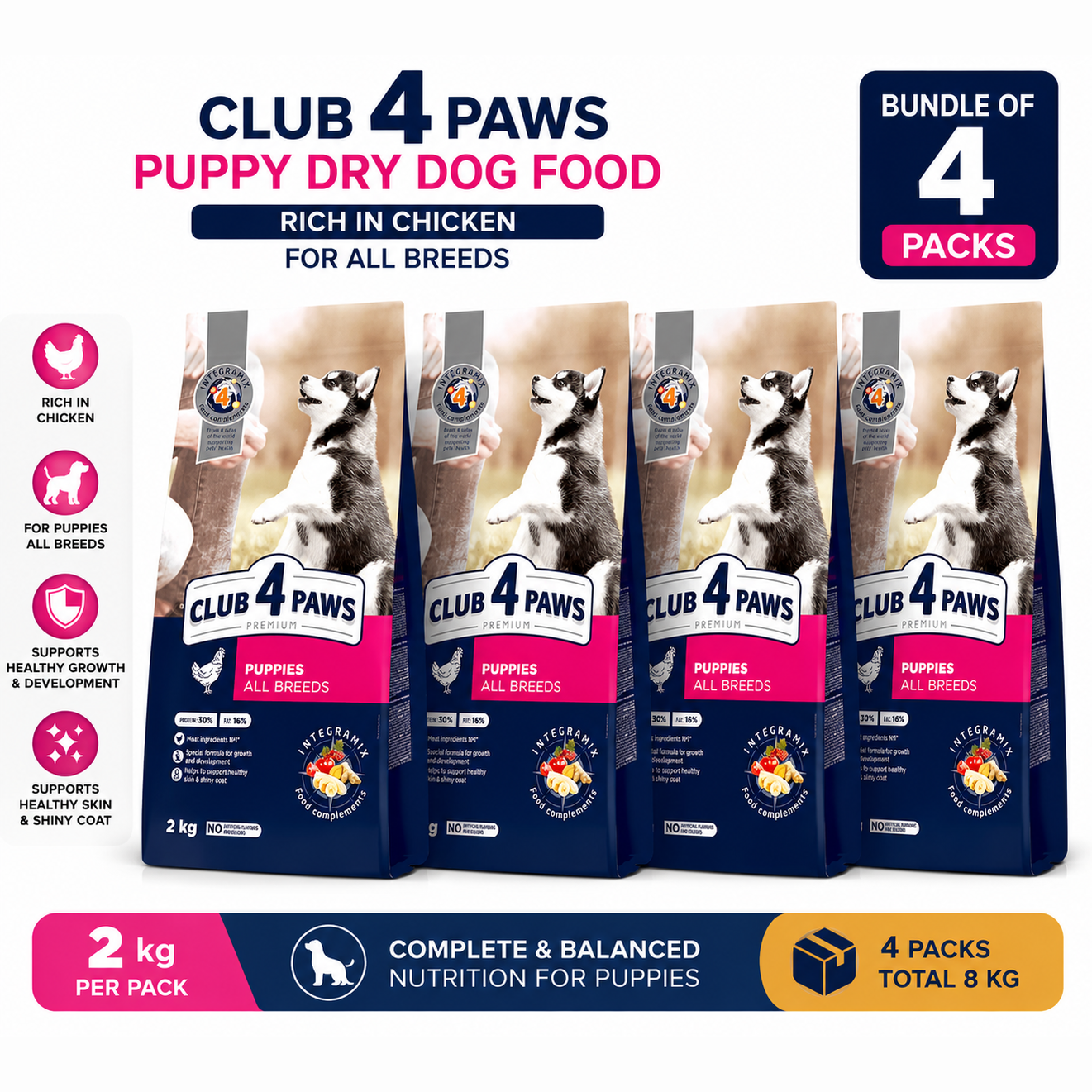 Club 4 Paws For Puppies of all Breeds Ric in Chicken Dry Food 2Kg Bundle of 4 Pack