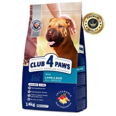 CLUB 4 PAWS Lamb and rice for adult dogs of all breeds. Complete dry food 14kg