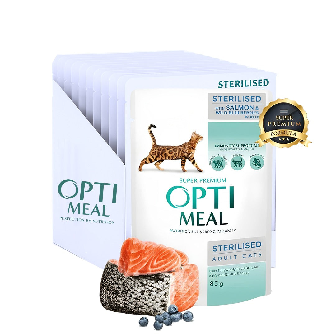 OPTIMEAL for sterilised cat with salmon and wild blueberries in jelly 85g pack of 12 pcs