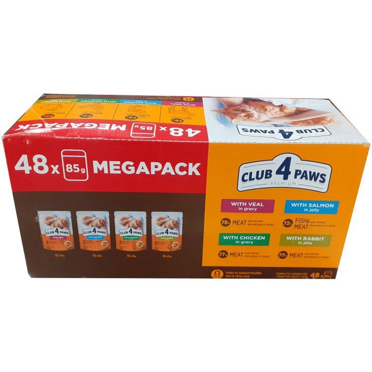 Club 4 Paws Mega Box Mixed Flavour Wet Food for Adult Cats – 85g (Pack of 48)