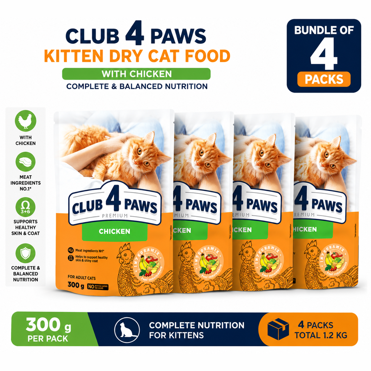 Club 4 Paws For Kitten Chicken Dry Food 300g Bundle of 4 Pack