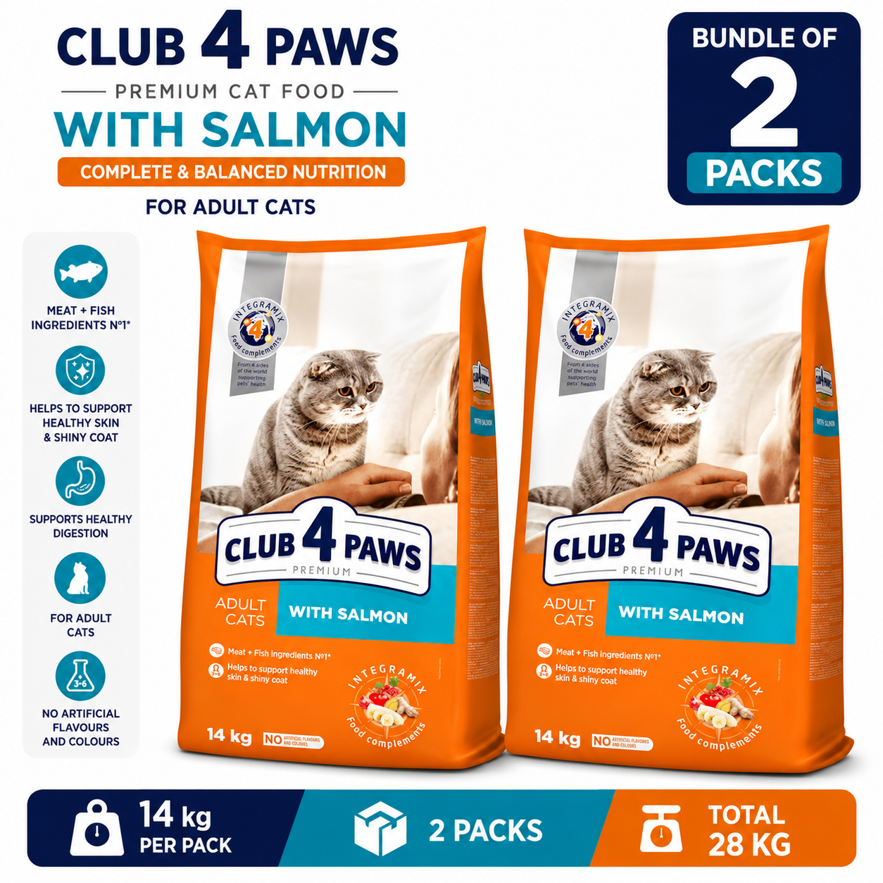 Club 4 Paws Salmon Dry Food for Adult Cat 14Kg Bundle of 2 Pack
