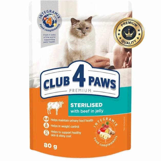 CLUB 4 PAWS Premium beef in jelly 80g Pouch for adult sterilised cat