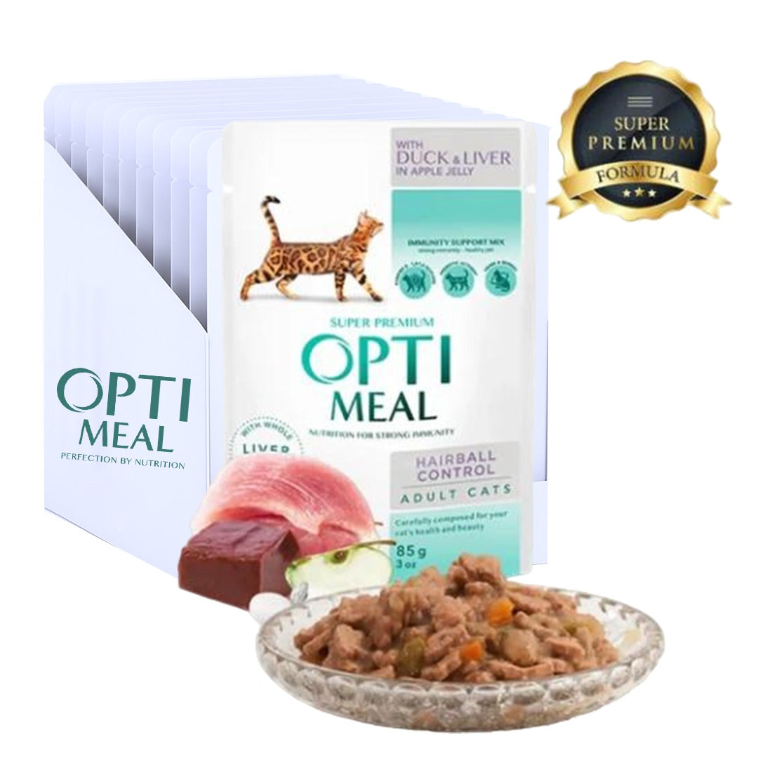 OPTIMEAL hairball control,duck and slices of liver in apple jelly 85g pack of 12pcs