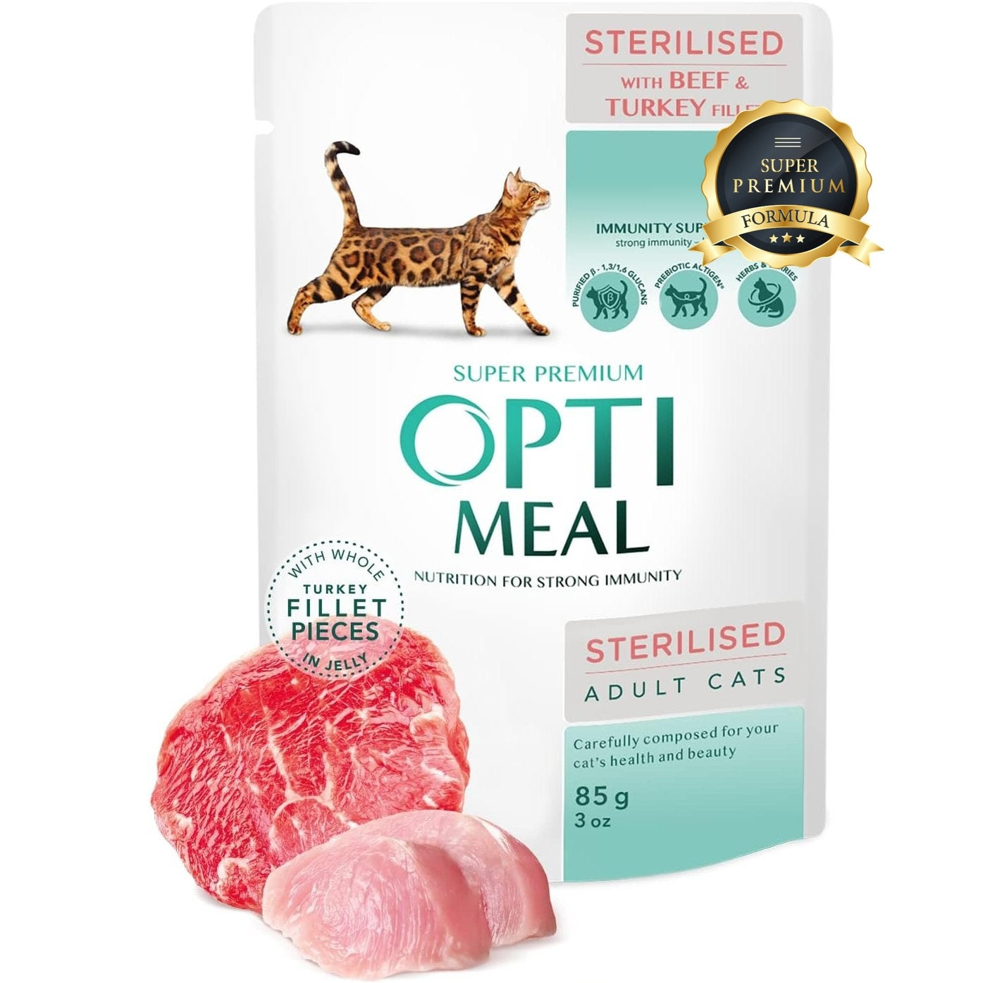 OPTIMEAL for sterilised cat with beef and turkey fillet in jelly 85g pack of 12pcs