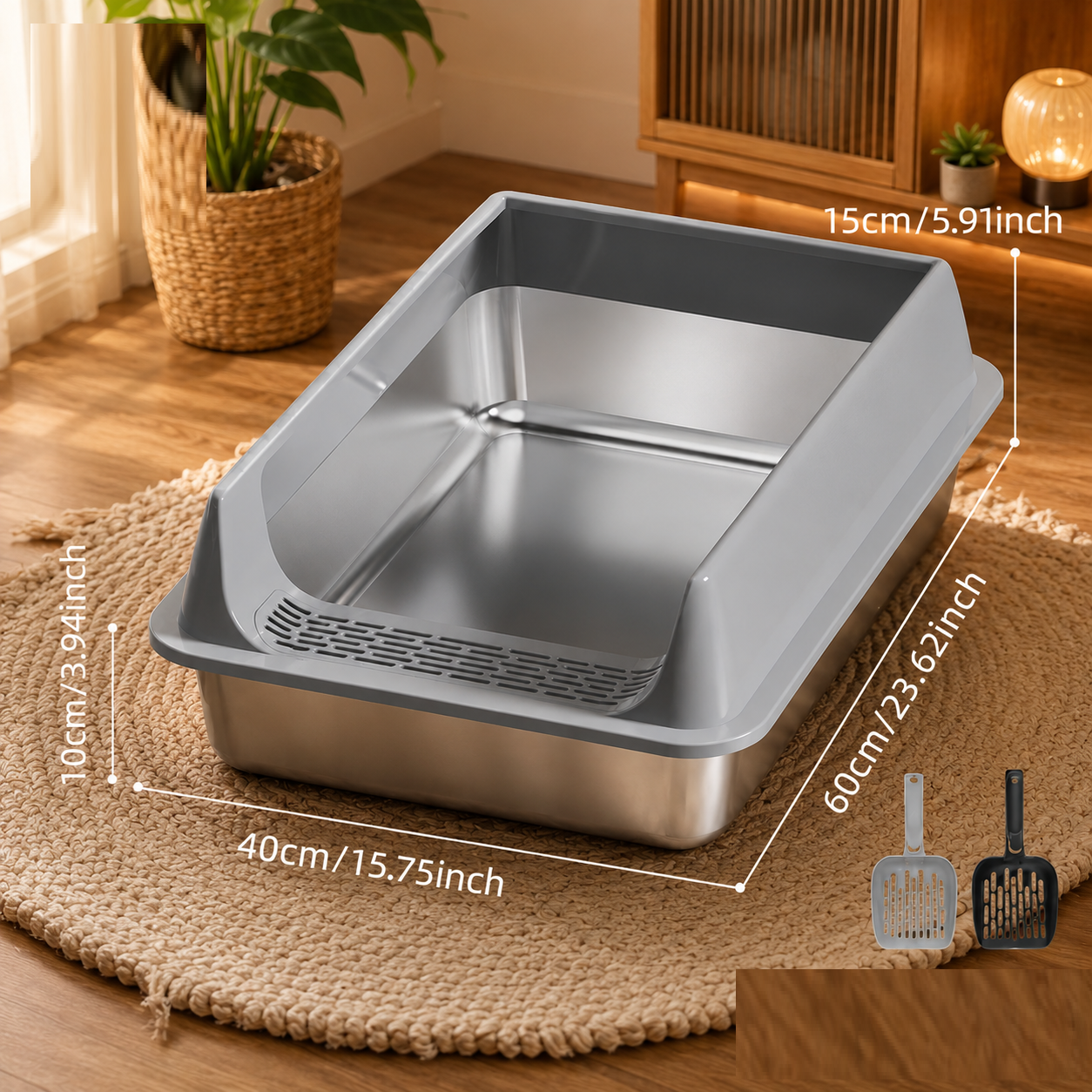 High Fence Stainless Steel Litter Box Size 60x40x15 Cm
