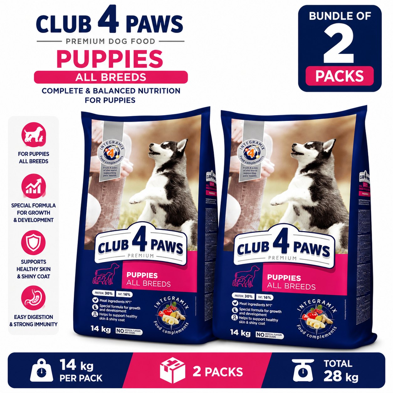 Club 4 Paws Puppies of all breeds Rich in Chicken Dry Food 14Kg Bundle of 2 Pack
