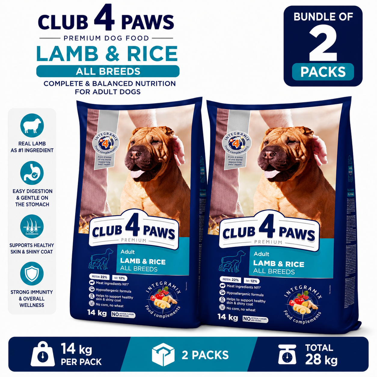Club 4 Paws Lamb and Rice for Adult Dog of all breed Dry Food 14Kg Bundle of 2 Pack