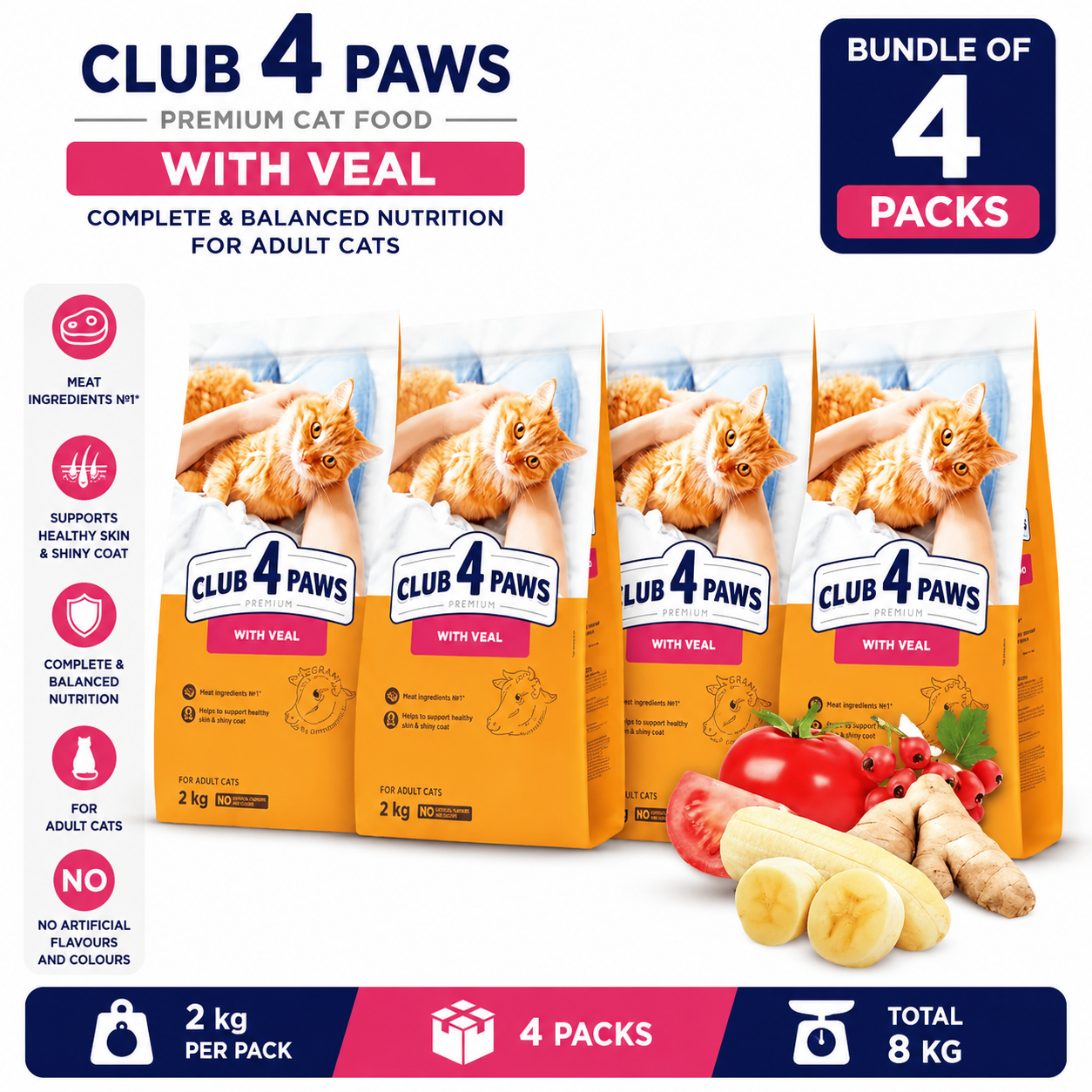 Club 4 Paws Veal Dry Food for Adult Cat 2Kg Bundle of 4 Pack