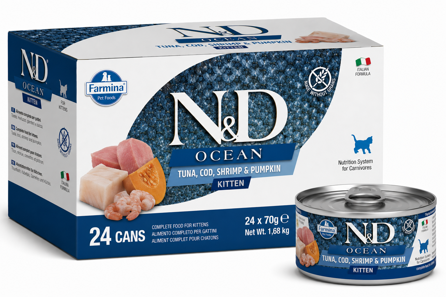 Farmina N&D Cat Ocean Tuna, COD Shrimpt & Pumpkin Kitten 70gx24pcs