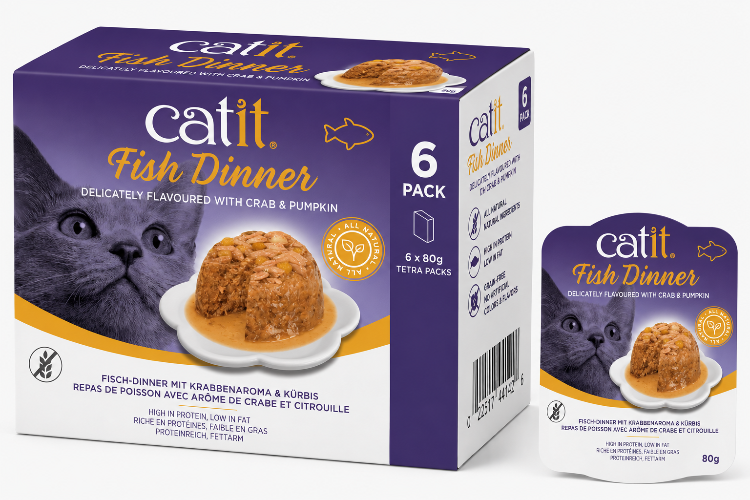 Catit Fish Dinner, Crab Flavour & Pumpkin 80 G, 6Pcs/Box