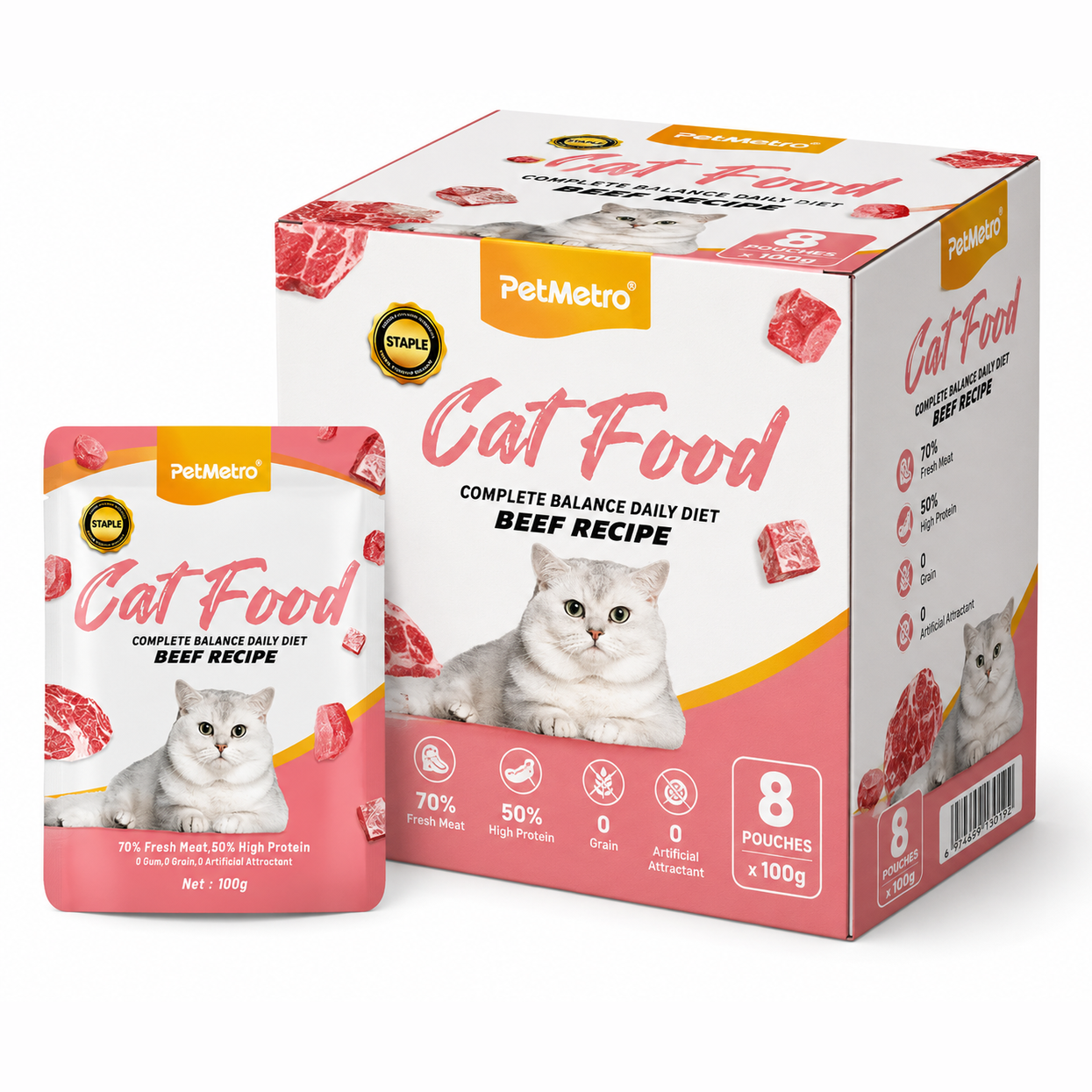 Petmetro Staple Food Pouch Beef 100G,Pack Of 8