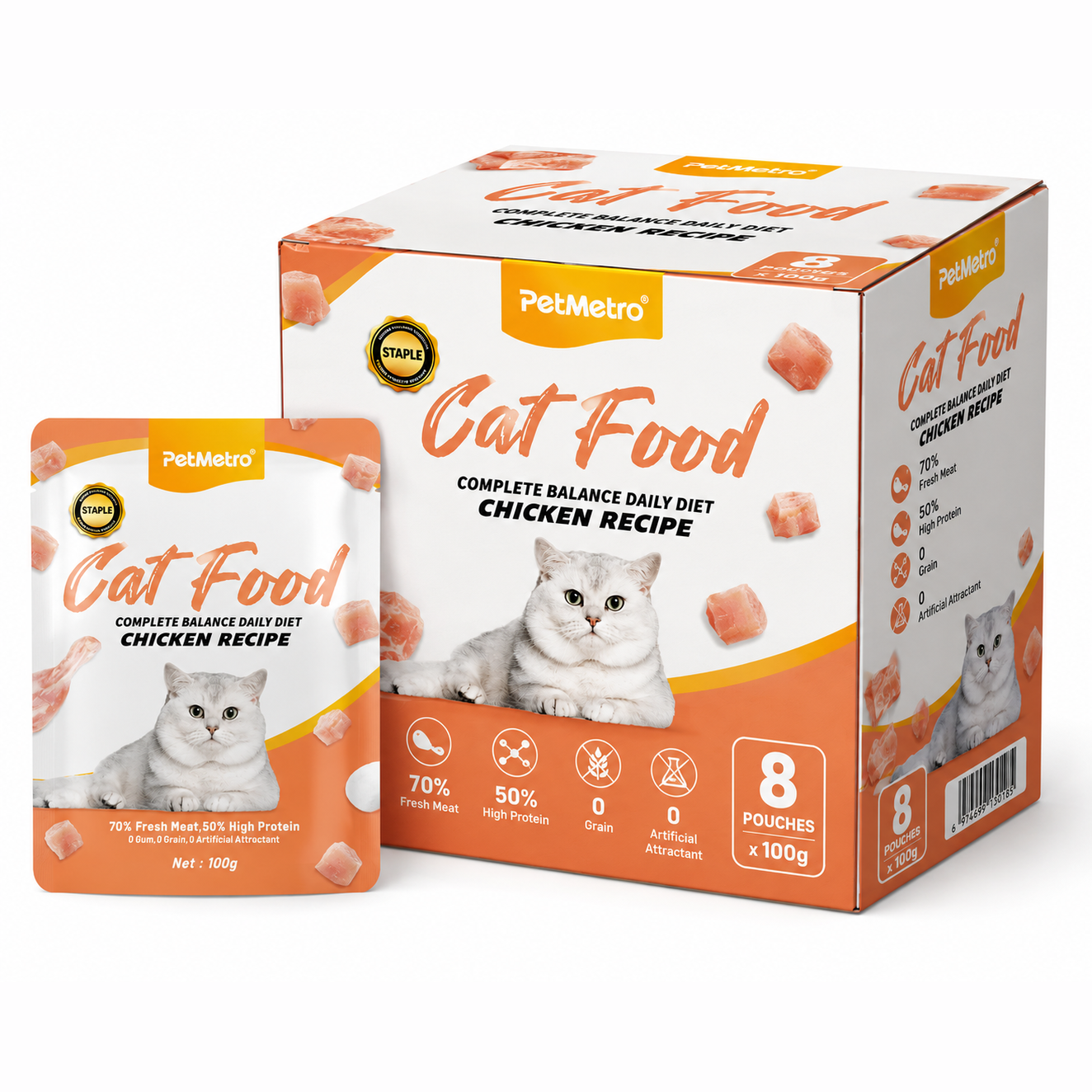 Petmetro Staple Food Pouch Chicken 100G,Pack Of 8