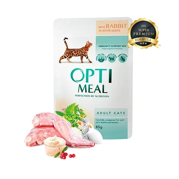 OPTIMEAL rabbit in white sauce 85g pack of 12pcs for adult cat