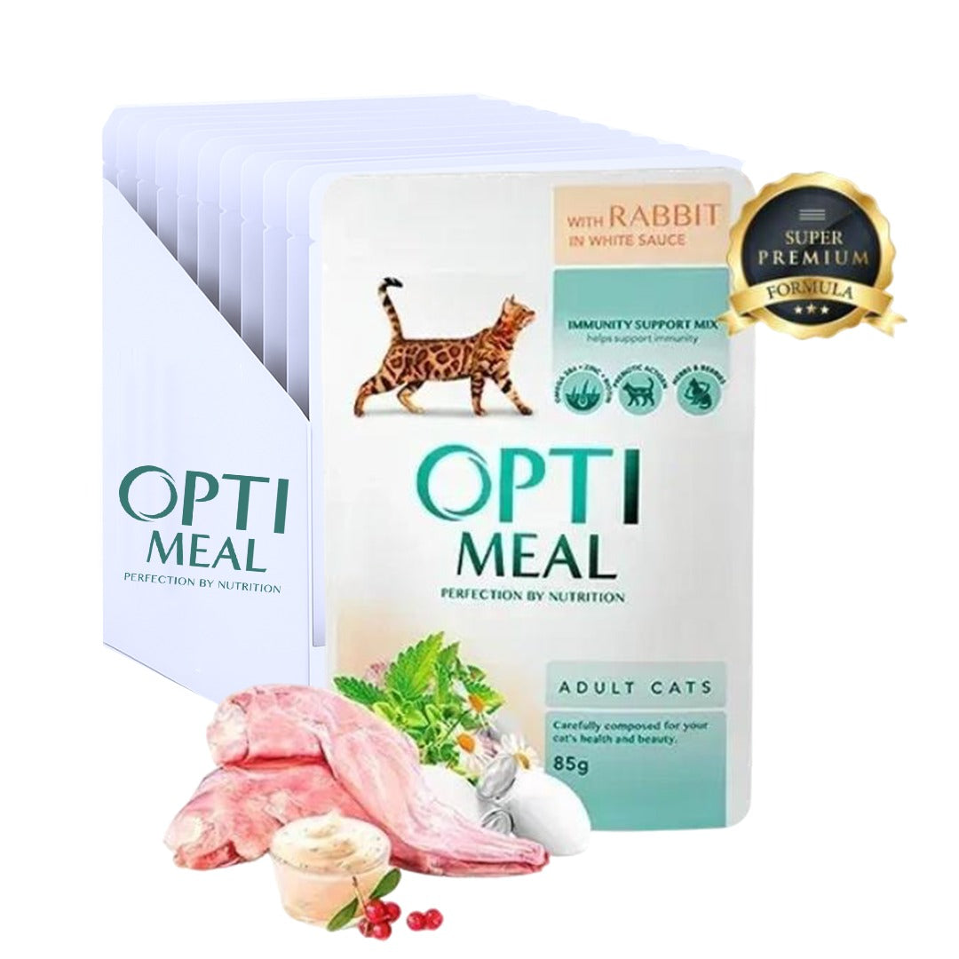 OPTIMEAL rabbit in white sauce 85g pack of 12pcs for adult cat
