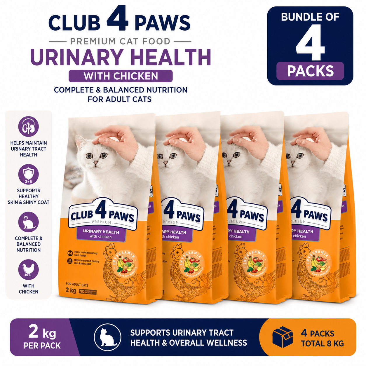 Club 4 Paws Urinary health with Chicken Dry Food for Adult Cat 2Kg Bundle of 4 Pack