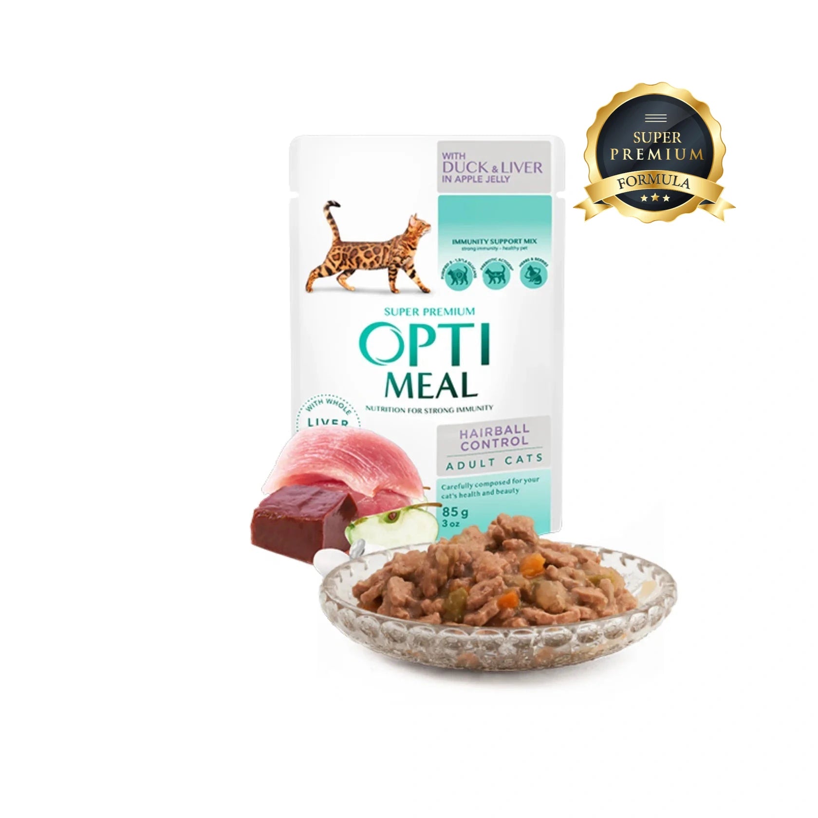 OPTIMEAL hairball control,duck and slices of liver in apple jelly 85g pack of 12pcs