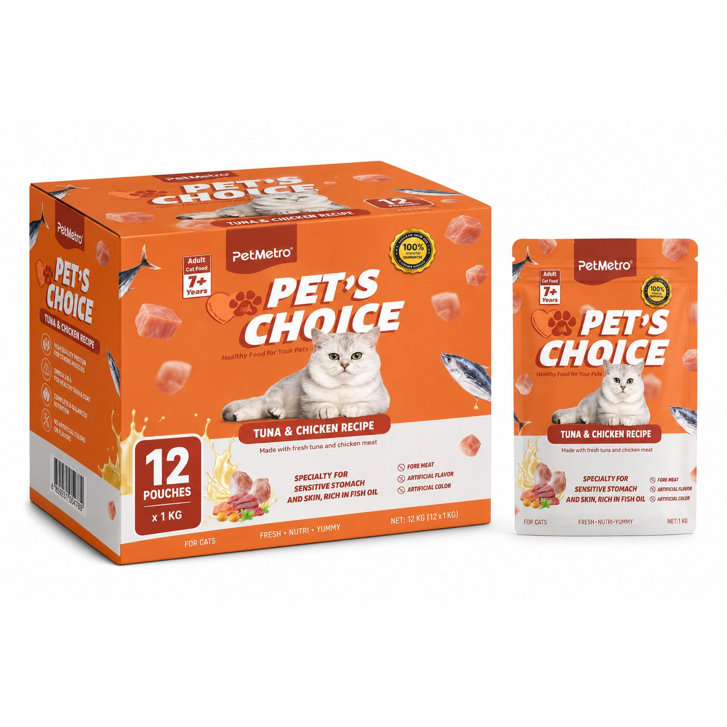 Petmetro Human Grade Pouch Chicken & Tuna 85G, Pack of 12