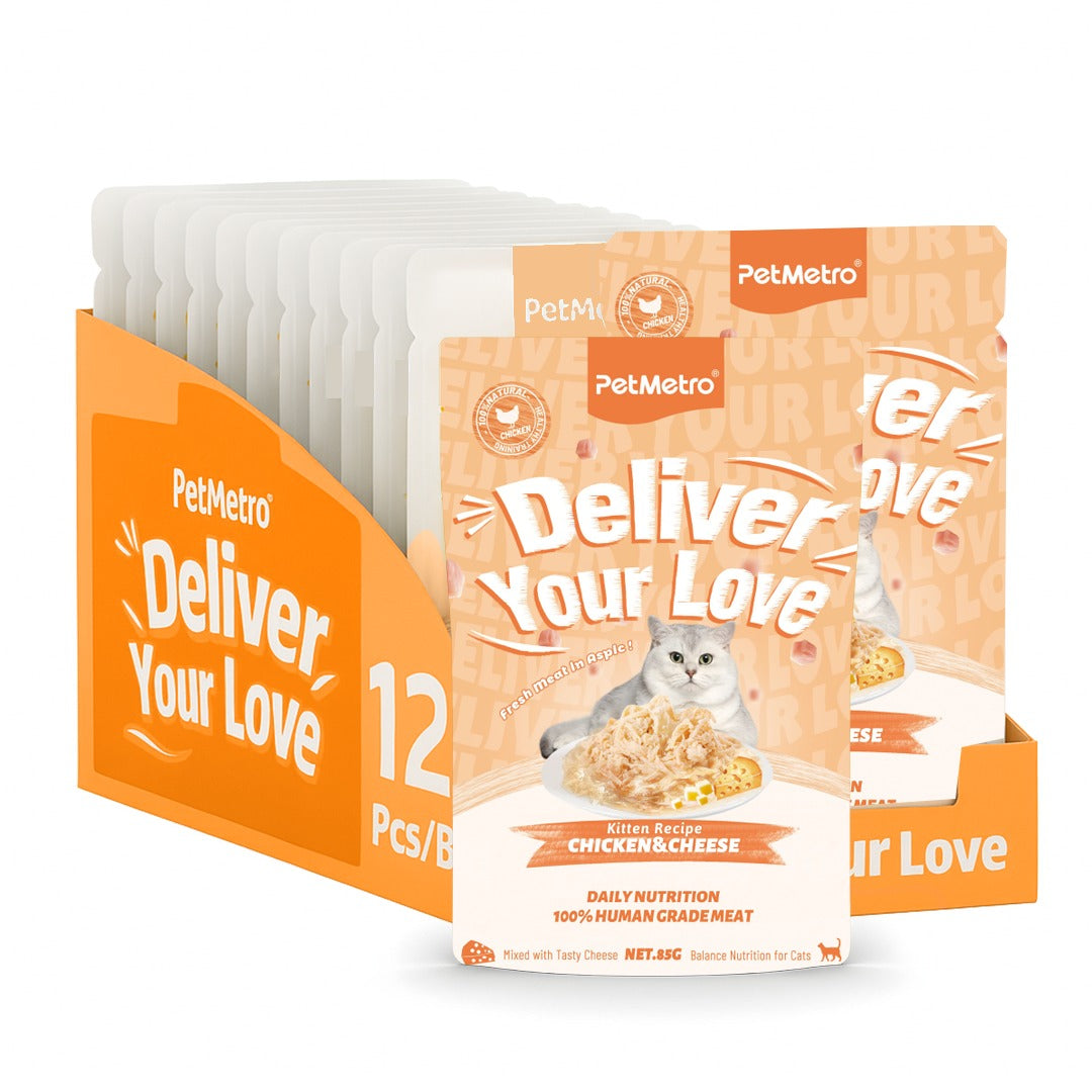 Petmetro Human Grade Pouch Chicken With Cheese For Kitten 85G,Pack Of 12