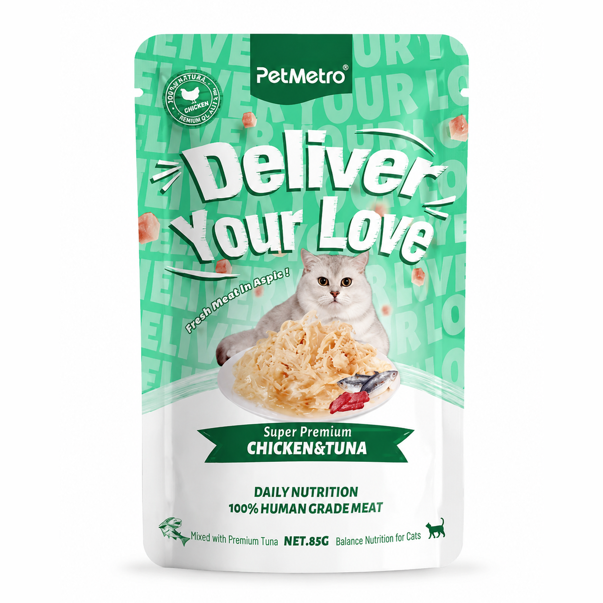 Petmetro Human Grade Pouch Chicken & Tuna 85G, Pack of 12