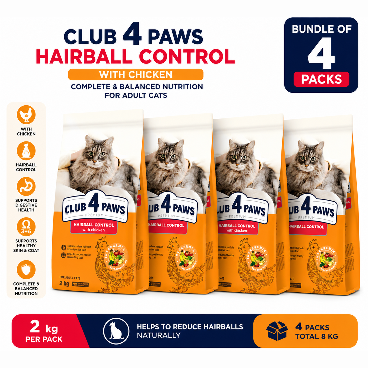 Club 4 Paws Hairball Control With Chicken Dry Food for Adult Cat 2Kg Bundle of 4 Pack