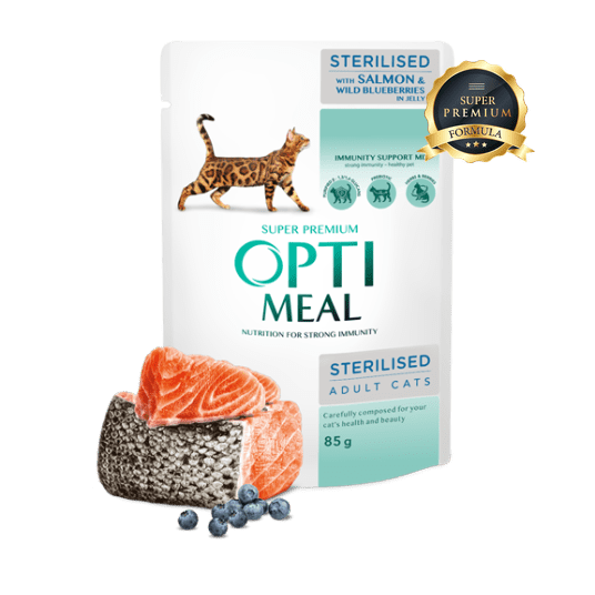 OPTIMEAL for sterilised cat with salmon and wild blueberries in jelly 85g pack of 12 pcs