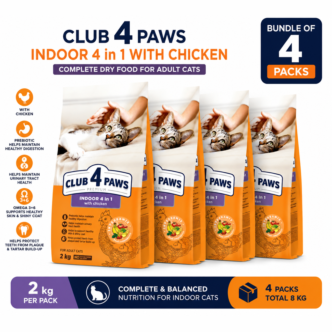 Club 4 Paws For indoor 4in1 With Chicken for Adult Cat Dry Food 2Kg Bundle of 4 Pack